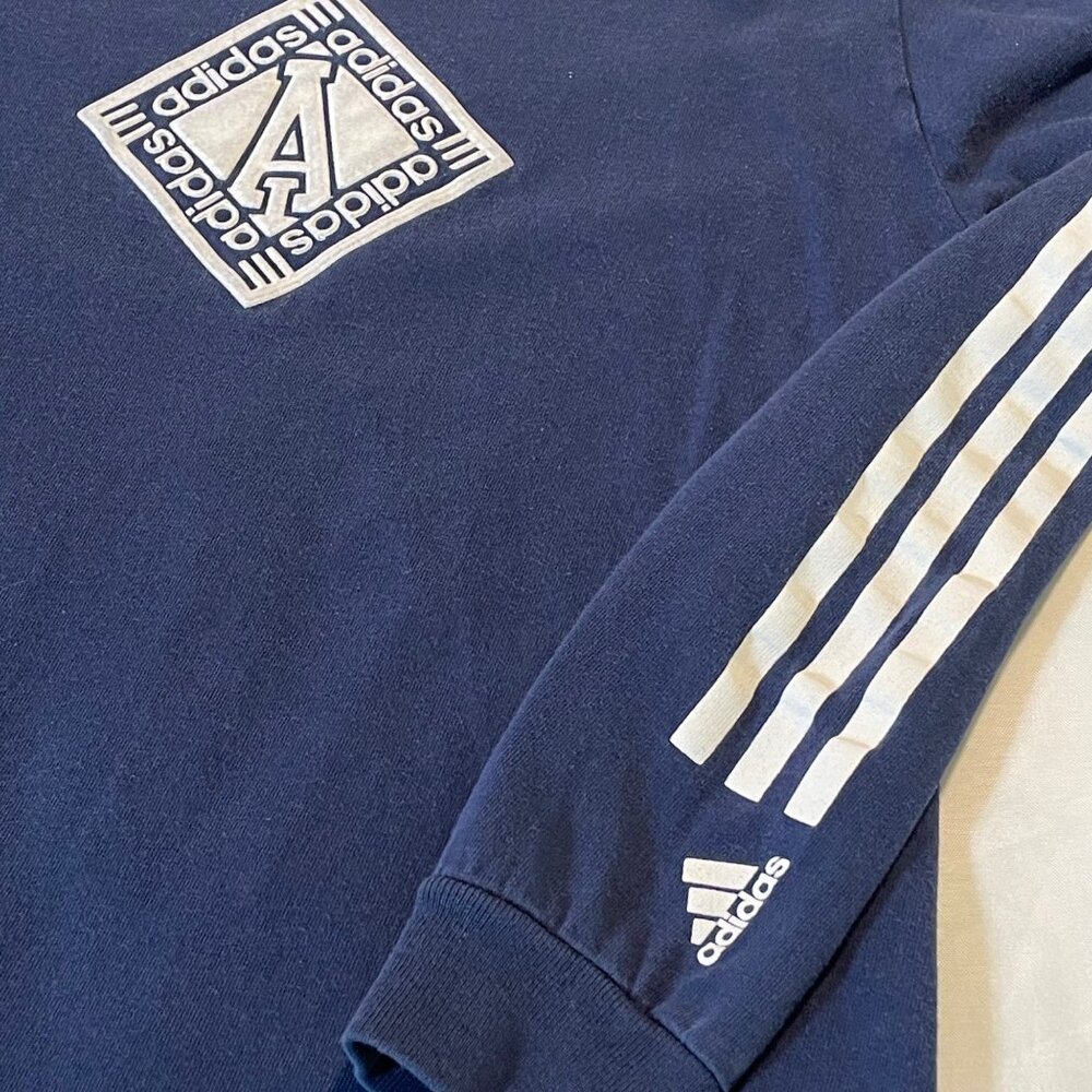Adidas Washed Out Navy Long Sleeve Shirt Boys M 100% Cotton Logo & Stripes - Picture 4 of 7